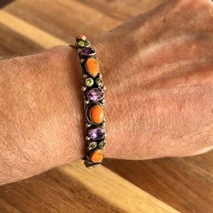 Leo Feeney sterling silver bracelet with inlay spiny oyster, amethyst, peridot